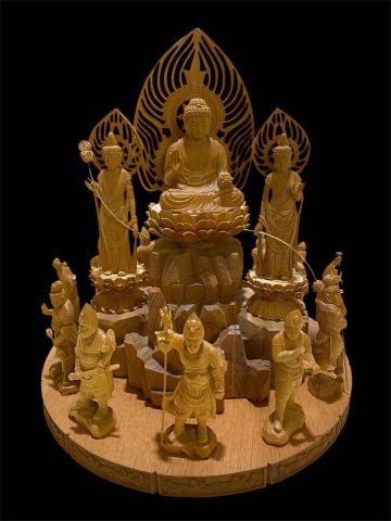 &infin; 中国仏教彫刻　中国彫師　高翔順　薬師曼荼羅　手彫り　木彫仏　薬師如来　日光月光両菩薩　十二神将 仏教工芸品 仏像 美術品　箱付き