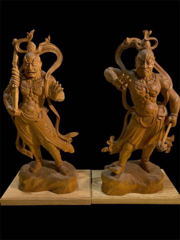 &infin; 中国仏教彫刻　中国彫師　李強 仁王像　吽形像 阿形像 木彫仏像 木彫　彫刻 金剛力士像 仏像 仏教美術　木彫仏　箱付き