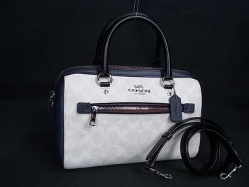 1円 ■新品同様■ COACH コーチ 91071 シグネチャー PVC 2WAY ハンドバッグ ミニボストン ショルダー アイボリー系&times;ネイビー系 BN7734