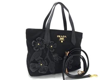 1円 ■美品■ PRADA プラダ 1BA084 テスートナイロン フラワー 2WAY ハンドバッグ ショルダー トート レディース ブラック系 FW2172