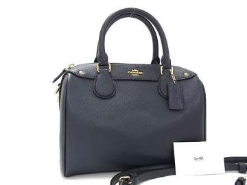 1円 ■極美品■ COACH コーチ F57521 レザー ハンドバッグ ミニボストンバッグ ショルダー 斜め掛けかばん ネイビー系&times;ゴールド系 BR1747