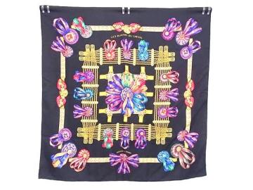1円 ■美品■ HERMES エルメス LES RUBANS DU CHEVAL【馬のリボン飾り】カレ90 シルク100% スカーフ ストール ブラック系 FT7096