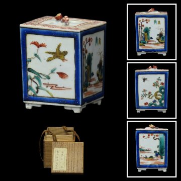 【月】【骨董 茶道具62】古九谷焼 色絵 角香炉 花鳥山水人物図 茶道具 無傷 高さ6.3cm 江戸時代後期 /古伊万里 香道具