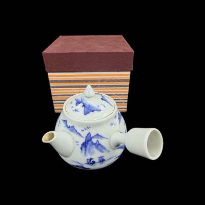 ［葉］ 020 金凰造 染付 山水図 急須 横手 煎茶器 陶器 平安