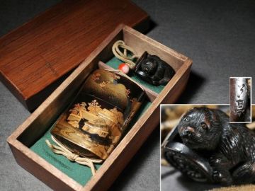 極上金蒔絵田舎風景図印籠 在銘仔犬黄楊木彫根付 漆芸 超絶技巧名品 江戸時代 提物 蒔絵 漆芸 彫刻 金工 置物