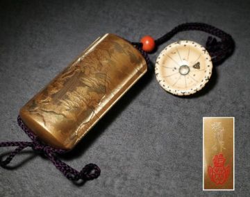 徳川将軍家御用蒔絵師 梶川在銘 極上細密金蒔絵印籠 牙彫根付 超絶技巧名品 漆芸 江戸時代 提物 蒔絵 漆芸 彫刻 金工 置物