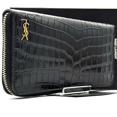 最高峰品◆SAINT LAURENT サンローラン タイニーカサンドラ クロコ型押し ラウンドファスナー 長財布 ロングウォレット ブラック 黒 メンズ