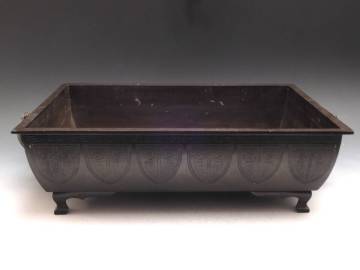 ◇桔◇古銅 池坊 龍幾何学文 細密彫刻 獣耳 中国 立花 花入 砂鉢 55cm 無傷 G3