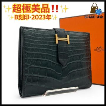 ★【超極美品】エルメス HERMES クロコダイル アリゲーター ベアン・コンパクト 折り財布 グリーン系 ゴールド金具 B刻印★