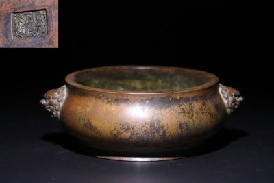 ◆羽彰・古美術◆Y6741明時代 宣徳 銅製 獅耳圈足炉 細密細工★古置物★古賞物★古擺件★蒐集家放出★唐物