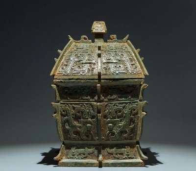 ◆羽彰・古美術◆Y6709商時代 青銅器 青銅獣面紋方彝 細密細工★古置物★古賞物★古擺件★蒐集家放出★唐物