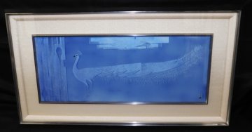 【江】人間国宝 中田一於 九谷 淡青釉裏銀彩孔雀文陶額 約43㎝&times;79㎝ サイン 共シール 古美術品(額装アートインテリア)XZ950 JTjjd UTDBncr