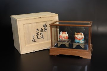 【江】巨匠 平野富山 木彫極彩色 福寿 恵比寿大黒天尊像 ケース付 在銘 千里識箱 古美術品(縁起物置物オブジェ)XZ922 LDTbcvr CDTxzxi