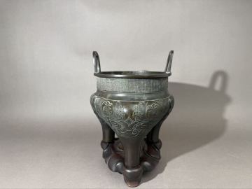 明時代銅製三足香炉 銅器 台付 獣紋 置物 時代物 旧家整理品 中国古美術