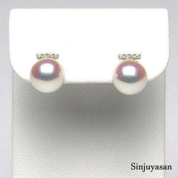 真珠屋さん 最高級カラー【ホワイトピンク】最高の色！7.8mm アコヤ真珠 ダイヤモンド D0.04ct K18ピアス 伊勢志摩産特選パール 18金 新品