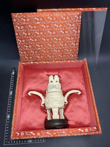 G3k5 鯨歯風香炉 重274g 供箱 中国美術 東洋彫刻 天然素材 細密彫刻