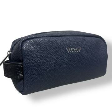 1円~ 新品未使用 VERSACE ヴェルサーチ セカンドバッグ クラッチバック ポーチ ハンド ロゴ シボ ハンドル 型押 ネイビー ビジネス メンズ