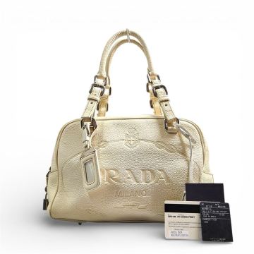鑑定済み PRADA embossed logo jacquard all leather mini Boston bag プラダ オールレザー ミニボストン ハンドバッグ ギャラ付き