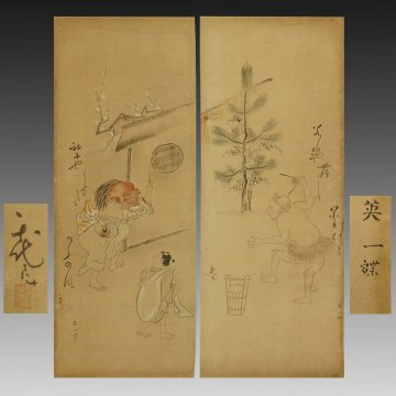 【真作】喜聞「英一蝶・加賀千代女(千代尼) 俳句賛 メクリ2種(1)」 2枚 古筆 古文書 古書 能書家 日本画 江戸絵画 俳人 俳諧 茶道 江戸中期