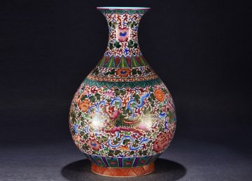 【清】関西某オークション購入 中国伝来 清時代物 大清乾隆年製 琺瑯彩如意紋玉壺春瓶当時物 時代コレクション8L1-YS4