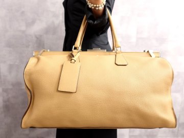 ●超美品●PRADA プラダ●三角ロゴプレート●カーフ レザー 本革●ボストン バッグ●キャメルベージュ●シルバー金具●イタリア製●Js65014