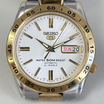 Z328-T27-1171 ◎ SEIKO 5 セイコー5 7S26-02T0 自動巻き 稼動 21石 デイデイト ホワイト文字盤 ゴールド アナログ メンズ 腕時計 TE