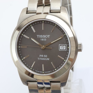 2601-623B QZ ティソ PR50 チタン クオーツ 腕時計 美品 TISSOT 日付 グレー文字盤 純正ブレス 箱有り