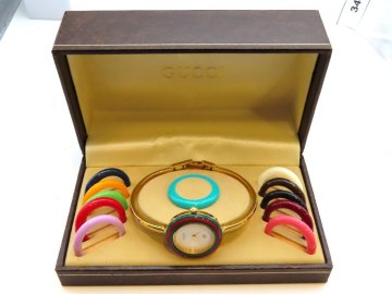 1円 グッチ 1100-L チェンジベゼル GP ホワイト文字盤 腕時計 レディース 稼働 QZ ケース　替えベゼル SN 34862