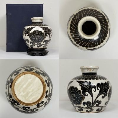CB2602072-中国古美術 時代物 磁州窯 花瓶 花生 花入 瓶 共箱付 台座付 花草図 唐物 陶磁器 中国古玩 骨董品 古董