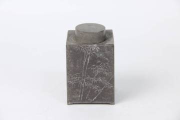 秦 蔵六 古錫 純錫 四方式 茶壷 竹　漢詩画賛刻 四世蔵六在銘 煎茶道具 古錫 FM05-02