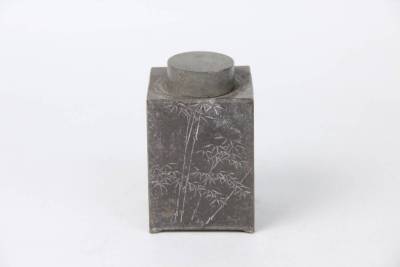 秦 蔵六 古錫 純錫 四方式 茶壷 竹　漢詩画賛刻 四世蔵六在銘 煎茶道具 古錫 FM05-02
