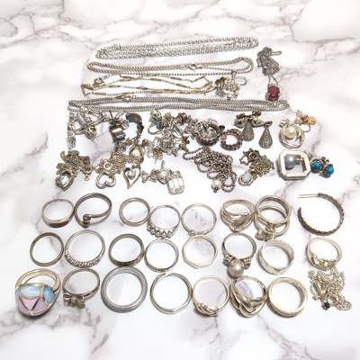 144g silver シルバー 925 K18 K10 刻印等 銀製品 一部金使用 リング ネックレス チェーン カラーストーン 色石 アクセサリー 大量 1円