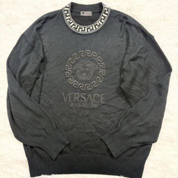 美品/L〜LL相当!!!◎GIANNI VERSACE ヴェルサーチ ニット セーター メデューサ ロゴ刺繍 ビックロゴ クルーネック オーバーサイズ ブラック