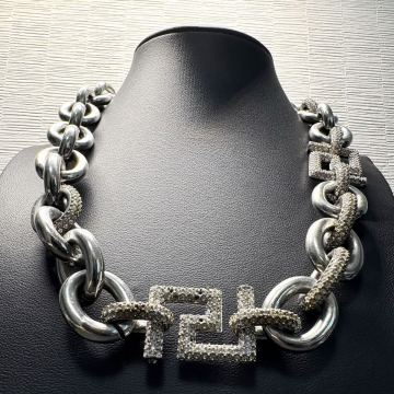 【美品/希少】Versace ヴェルサーチ ネックレス チョーカー メデューサ ラインストーン 喜平 極太 デザイン シルバー 大ぶり