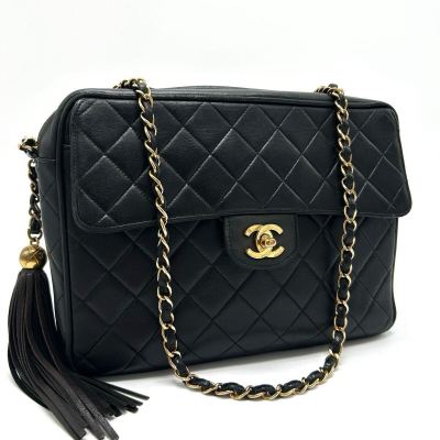 1円【最高級】CHANEL シャネル チェーン ショルダーバッグ フリンジ ターンロック ラムスキン ブラック レディース ココマーク 斜めがけ