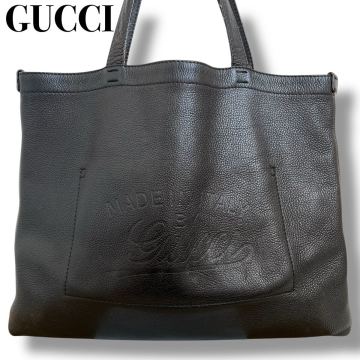 GUCCI グッチ トートバッグ ハンドバッグ レザー シボ革 本革 黒 ブラック 肩掛け ビジネス A4収納可 メンズ レディース