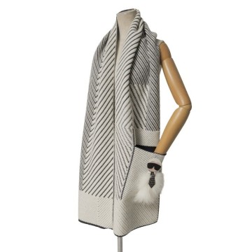 SMH8730*FENDI フェンディ カールラガーフェルド フォックスファー ポケット付き ニットマフラー ストール カシミヤ&times;ウール&times;シルク