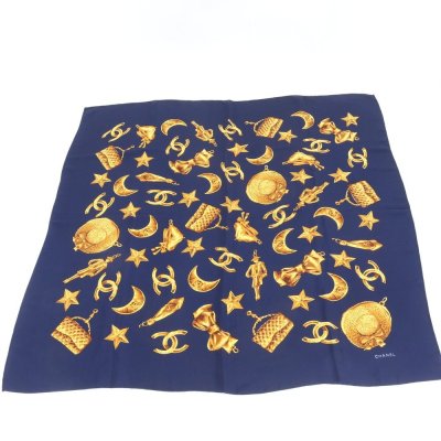 1円■極美品■シャネル■チャーム アクセサリー 柄 スカーフ ネイビー 紺 ココマーク レディース メンズ EWM DQ38-6