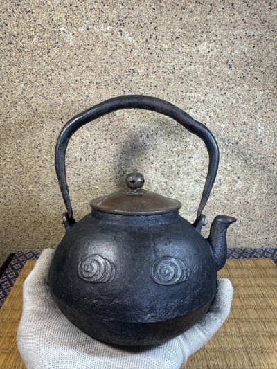 小振り　釜師　宮崎寒稚　木越　未使用　大正時代　宝珠形 鉄瓶 煎茶道具