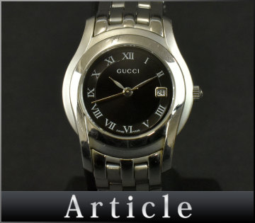 247625◇動作確認済 GUCCI グッチ 腕時計 クォーツ デイト 3針 アナログ 5500L SS ブラック シルバー レディース 小物 ケース付/ D