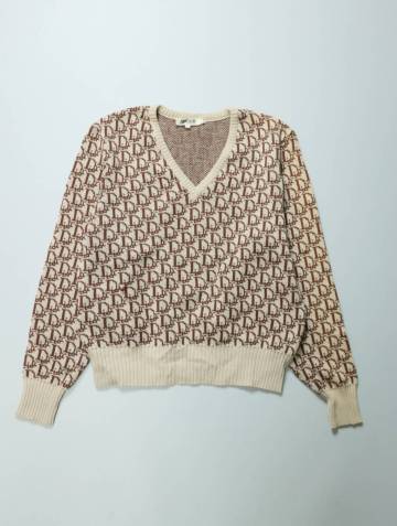 E298/Christian Dior/クリスチャンディオール/80s/トロッター柄/Vネック/Miss Dior/レトロ/ヴィンテージ/ウールニットセーター/Lサイズ