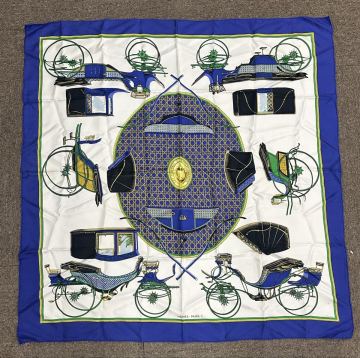 1円スタート HERMES カレ90 LA PERRIERE ブルー 大判シルクスカーフ エルメス 【0307茅20】