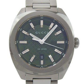 1円 稼働 グッチ GUCCI 142.3 クオーツ ラウンドフェイス グリーン文字盤 SS&times;SS メンズ 腕時計