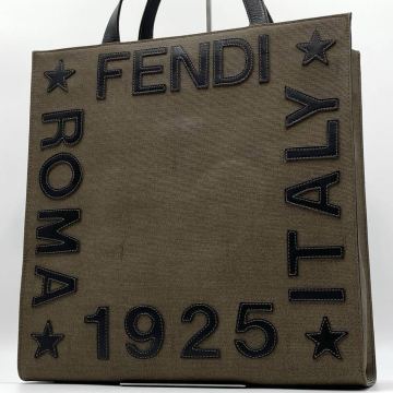 1円【極美品】フェンディ FENDI 1925 ROMA ITALY メンズビジネス トートバッグ ハンドバッグ デカロゴ PVC レザー 本革 A4 カーキ系 大容量