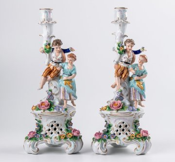 【うつわ】 ジッツェンドルフ フィギュリン 庭師の少年と少女 燭台一対 F342 アンティーク 西洋美術 茶道具 古美術 骨董 古玩 画廊