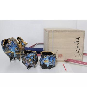 人気作家■市川透 作　酒器・ぐい呑み 3点セット共箱付き　Bizen pottery Toru Ichikawa Guinomi signed box BG3