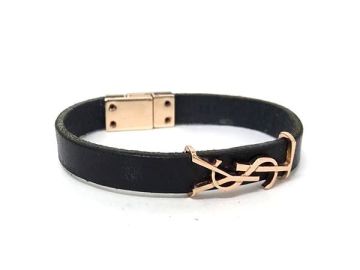 1円 YVESSAINTLAURENT イヴサンローラン レザー ブレスレット アクセサリー レディース ブラック系&times;ピンクゴールド系 BS2717