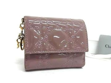 1円 ChristianDior ディオール レディディオール カナージュ ロータス パテントレザー 三つ折り 財布 ウォレット ピンクブラウン系 FS9892