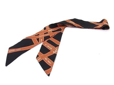 1円 ■美品■ HERMES エルメス ボルデュック ツイリー シルク100% リボンスカーフ レディース ブラウン系&times;ブラック系 FY1006
