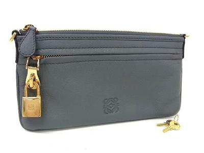 1円 ■極美品■ LOEWE ロエベ アナグラム レザー カデナ付き マルチポーチ マルチケース 小物入れ レディース グレー系 FR9976